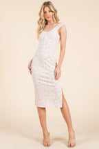 Cap Sleeve Shirred Printed Midi Dress W/ Side Slit | Mixtshop LLC