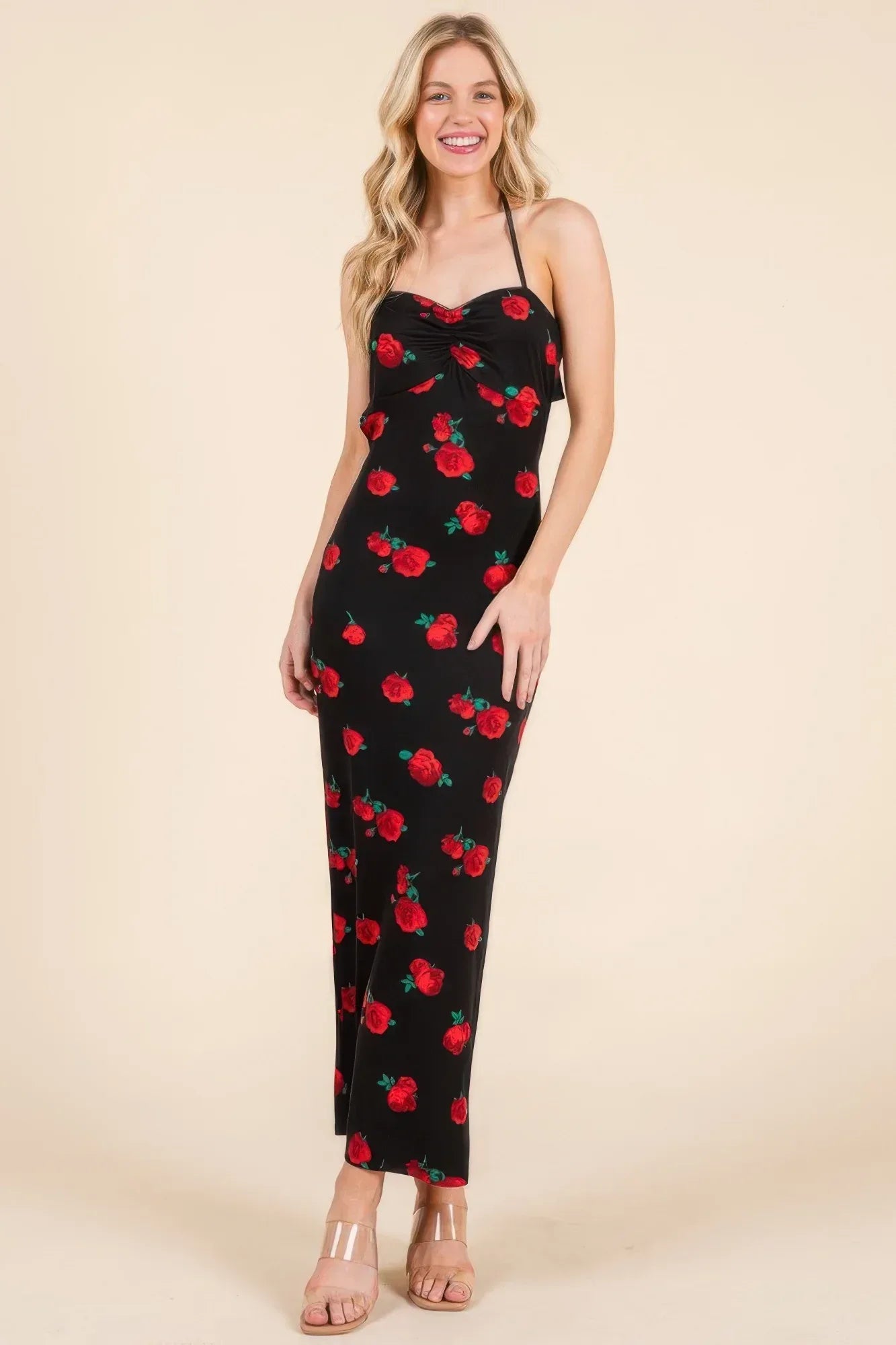 Sweet Heart Gathered Open Back Print Midi Dress | Mixtshop LLC
