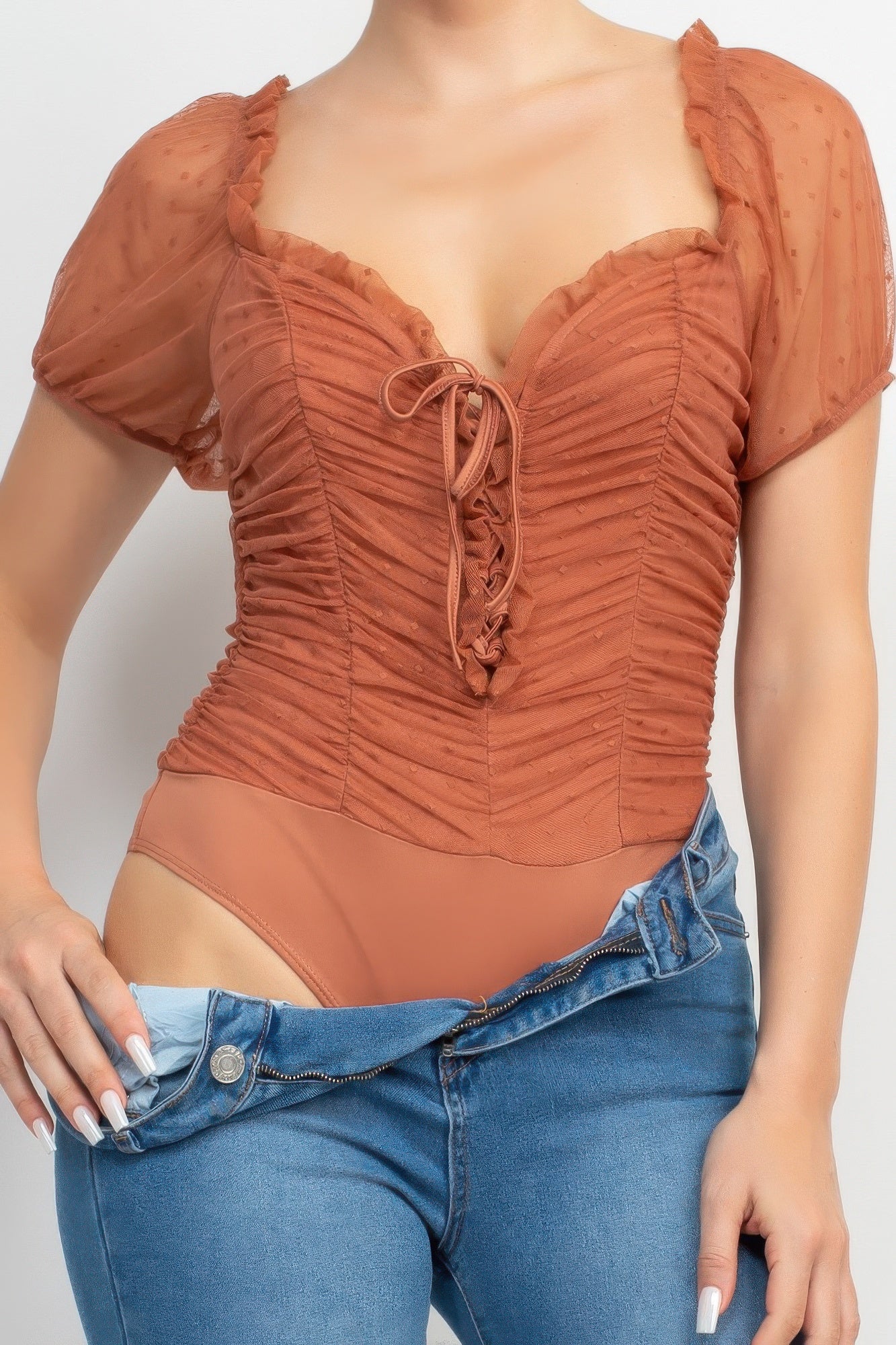 Shirred Mesh Sleeve Bodysuit Secondary image