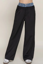 Contrast Denim Waist Straight Long Pants | Mixtshop LLC