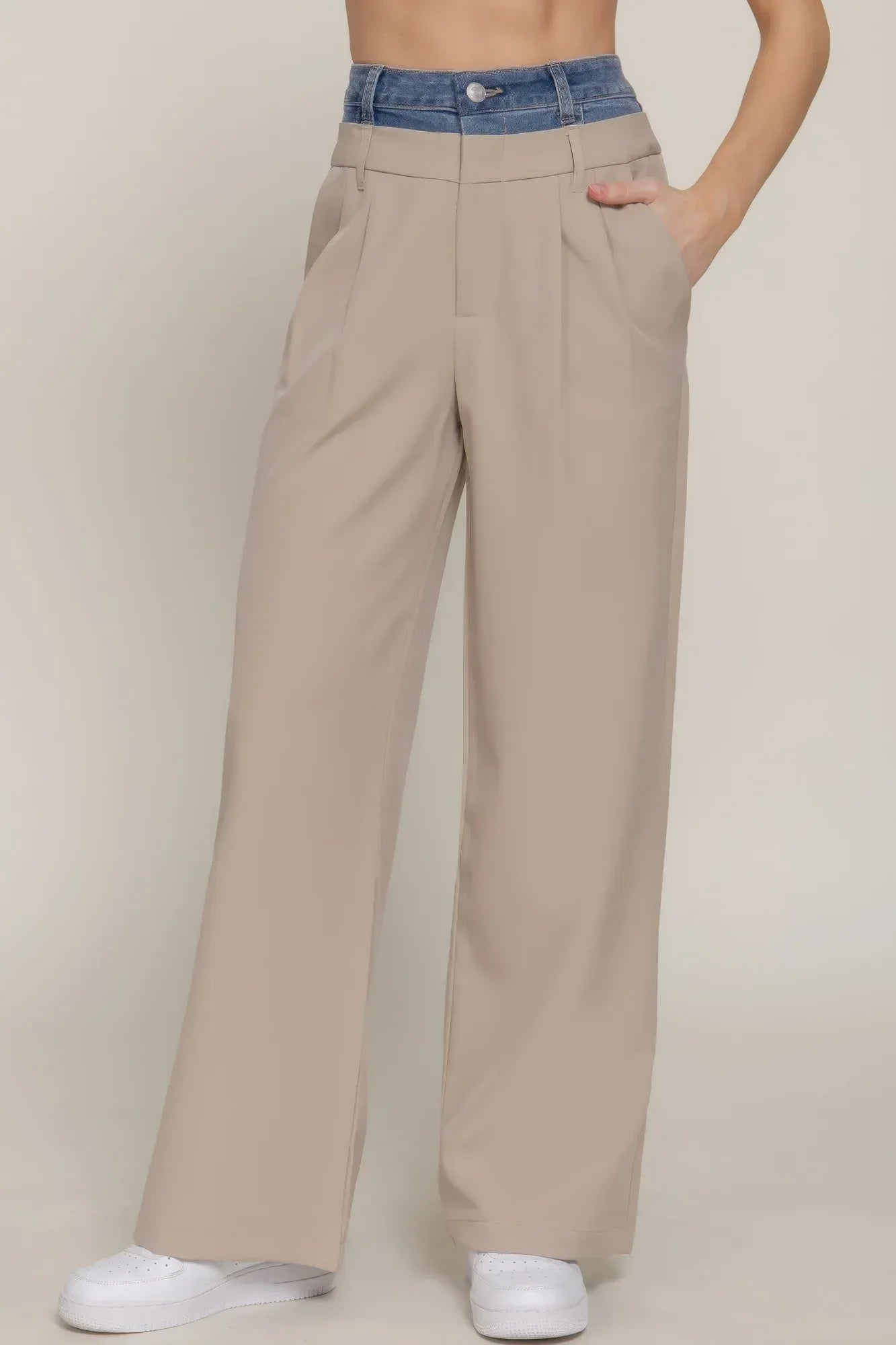 Contrast Denim Waist Straight Long Pants | Mixtshop LLC Main image