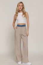 Contrast Denim Waist Straight Long Pants | Mixtshop LLC