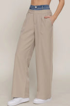 Contrast Denim Waist Straight Long Pants | Mixtshop LLC