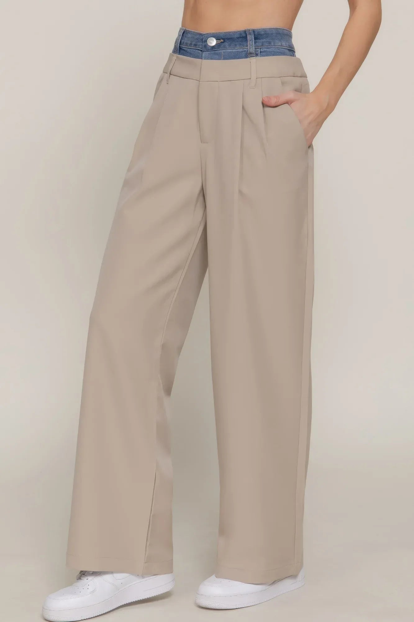 Contrast Denim Waist Straight Long Pants | Mixtshop LLC