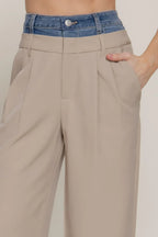 Contrast Denim Waist Straight Long Pants | Mixtshop LLC
