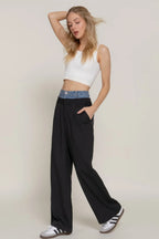 Contrast Denim Waist Straight Long Pants | Mixtshop LLC