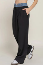 Contrast Denim Waist Straight Long Pants | Mixtshop LLC