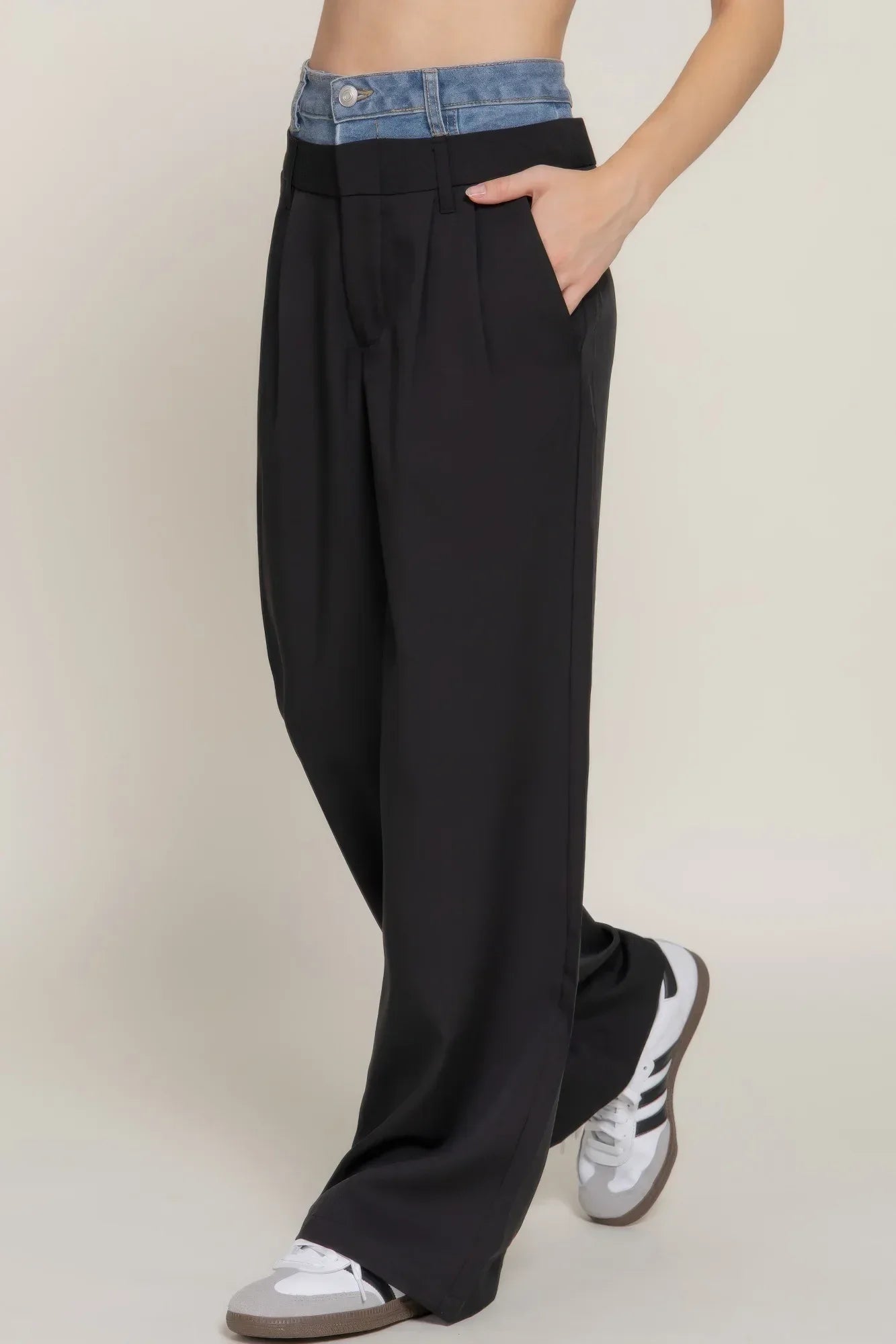 Contrast Denim Waist Straight Long Pants | Mixtshop LLC