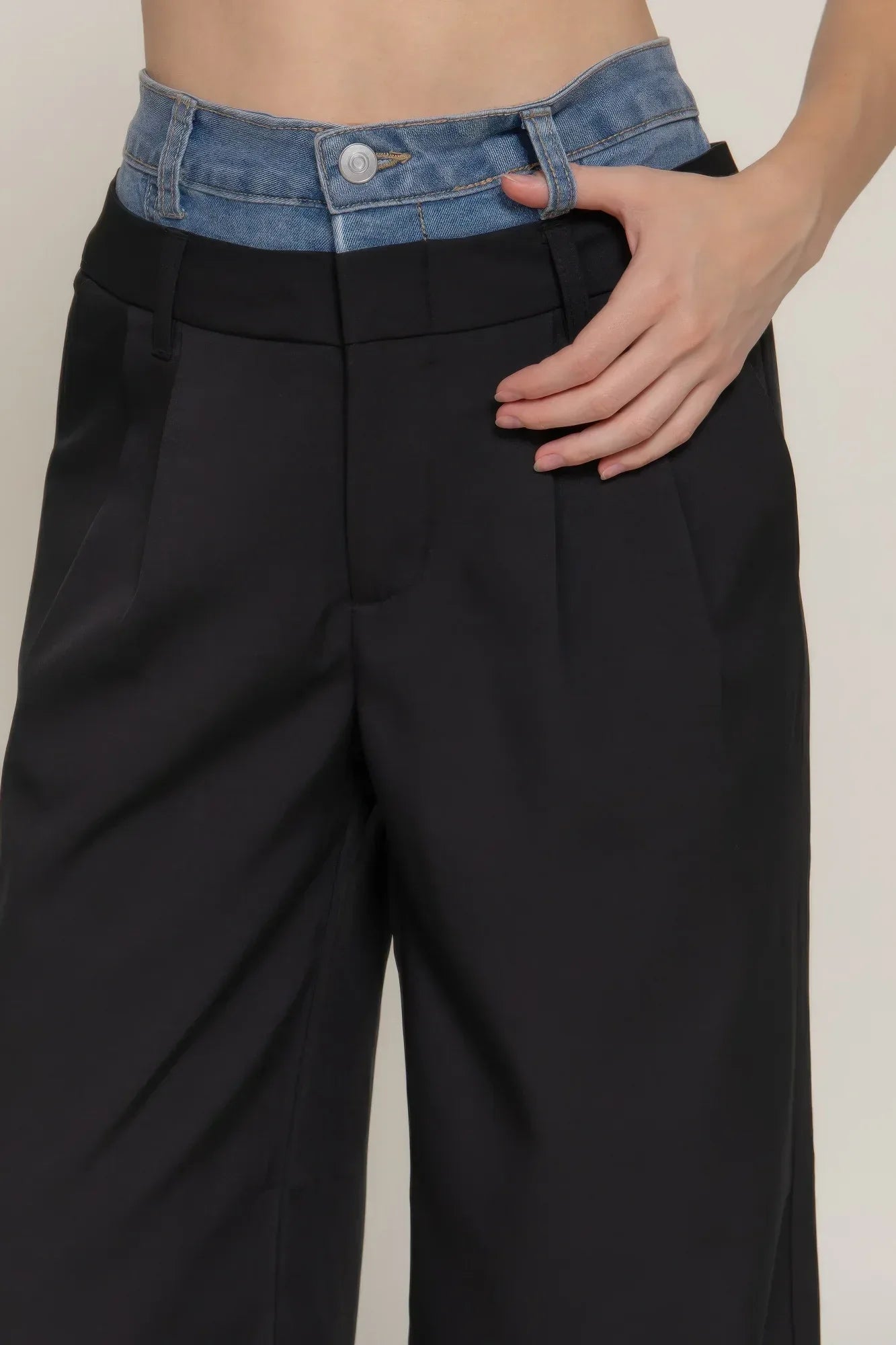 Contrast Denim Waist Straight Long Pants | Mixtshop LLC