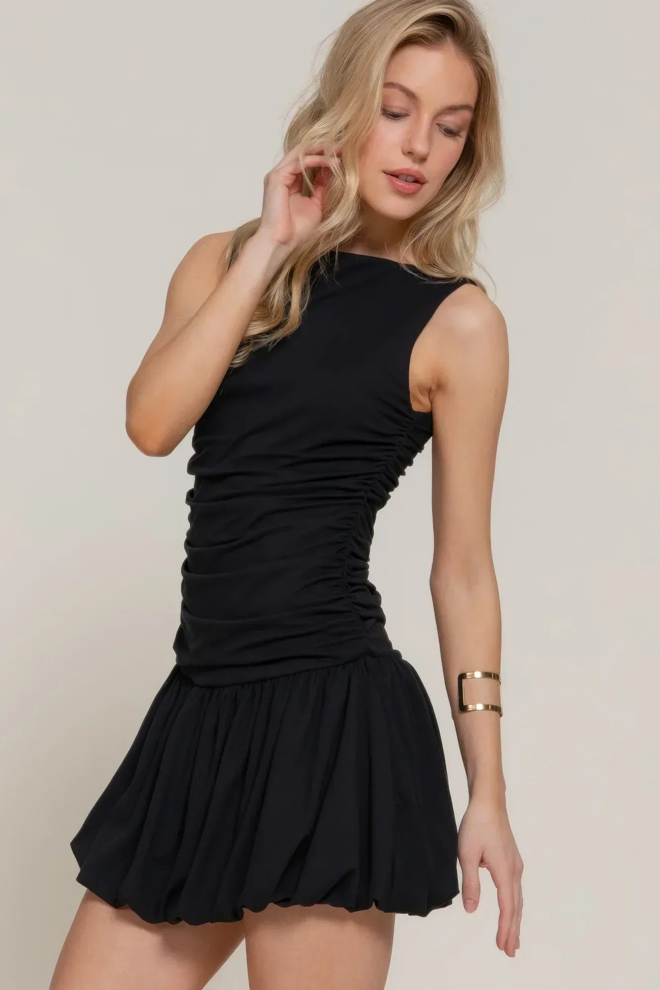 Sleeveless Boat Neck Voluminous Mini Dress | Mixtshop LLC