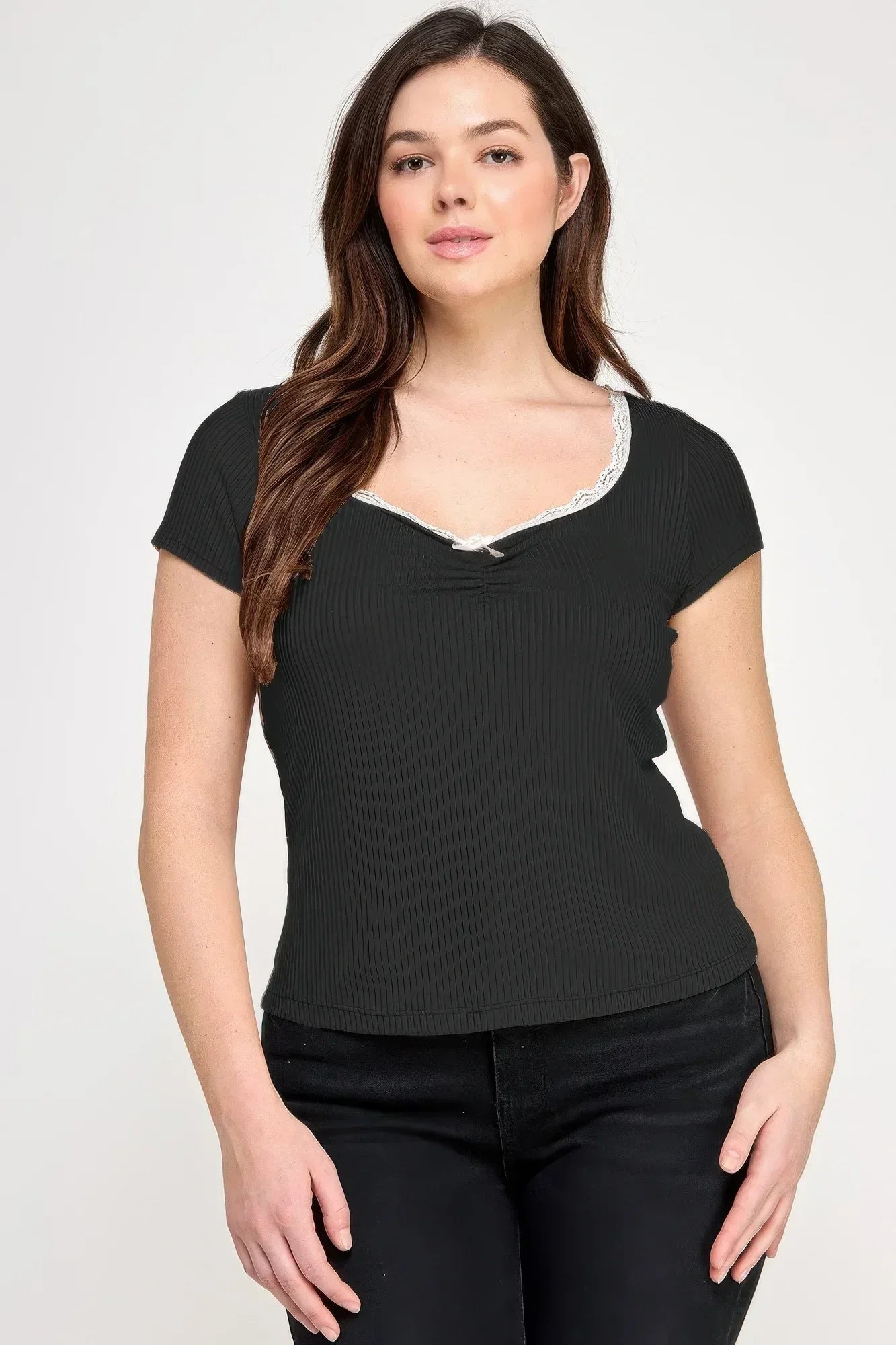 Plus Size Short Sleeve Rib Bow Trim Top | Mixtshop LLC Main image