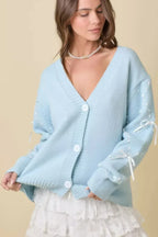 Hand Sewn Satin Ribbon Detail On Sleeve Cardigan | Mixtshop LLC