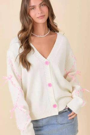 Hand Sewn Satin Ribbon Detail On Sleeve Cardigan | Mixtshop LLC