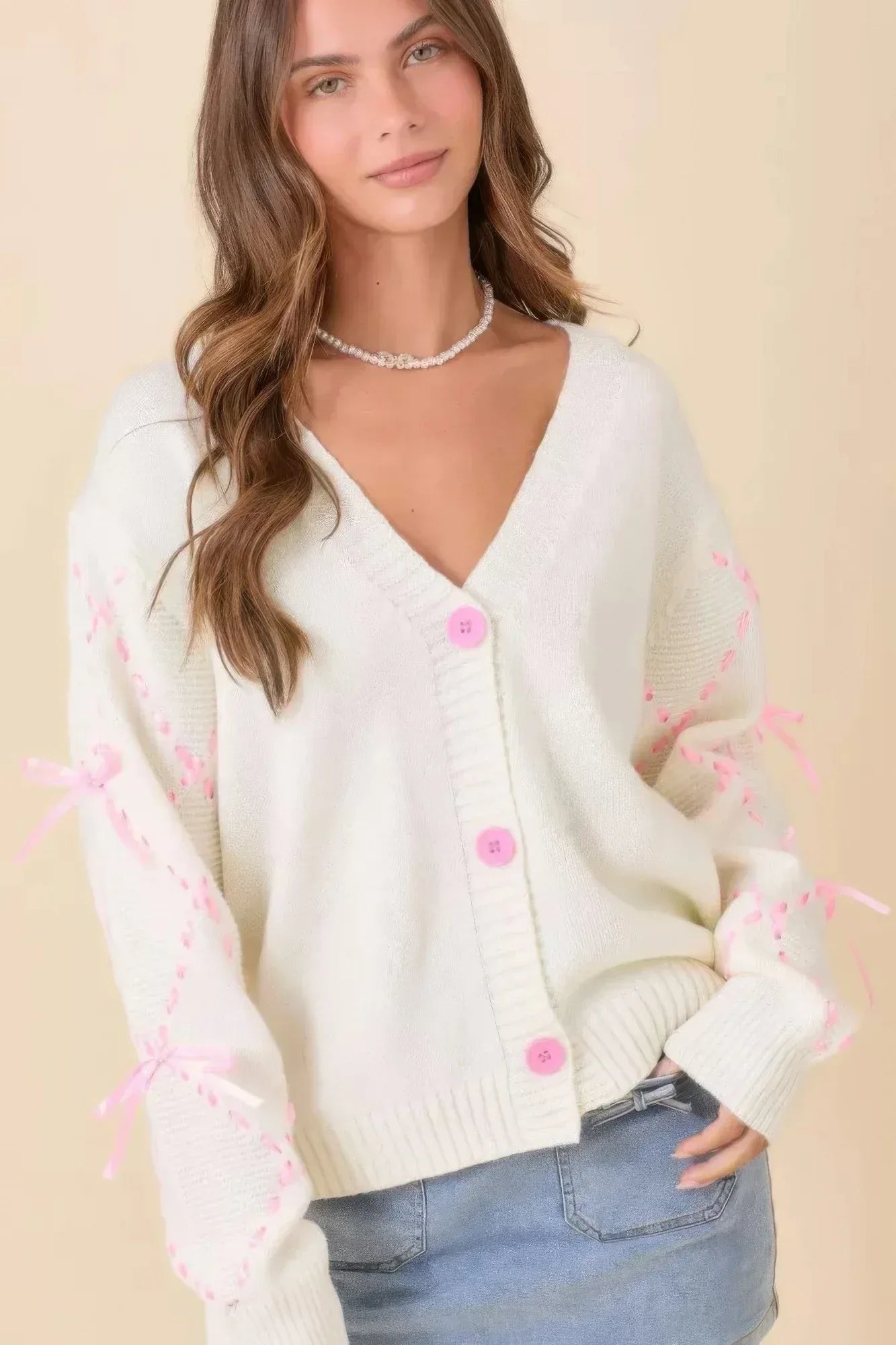Hand Sewn Satin Ribbon Detail On Sleeve Cardigan | Mixtshop LLC