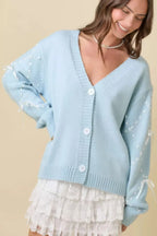 Hand Sewn Satin Ribbon Detail On Sleeve Cardigan | Mixtshop LLC
