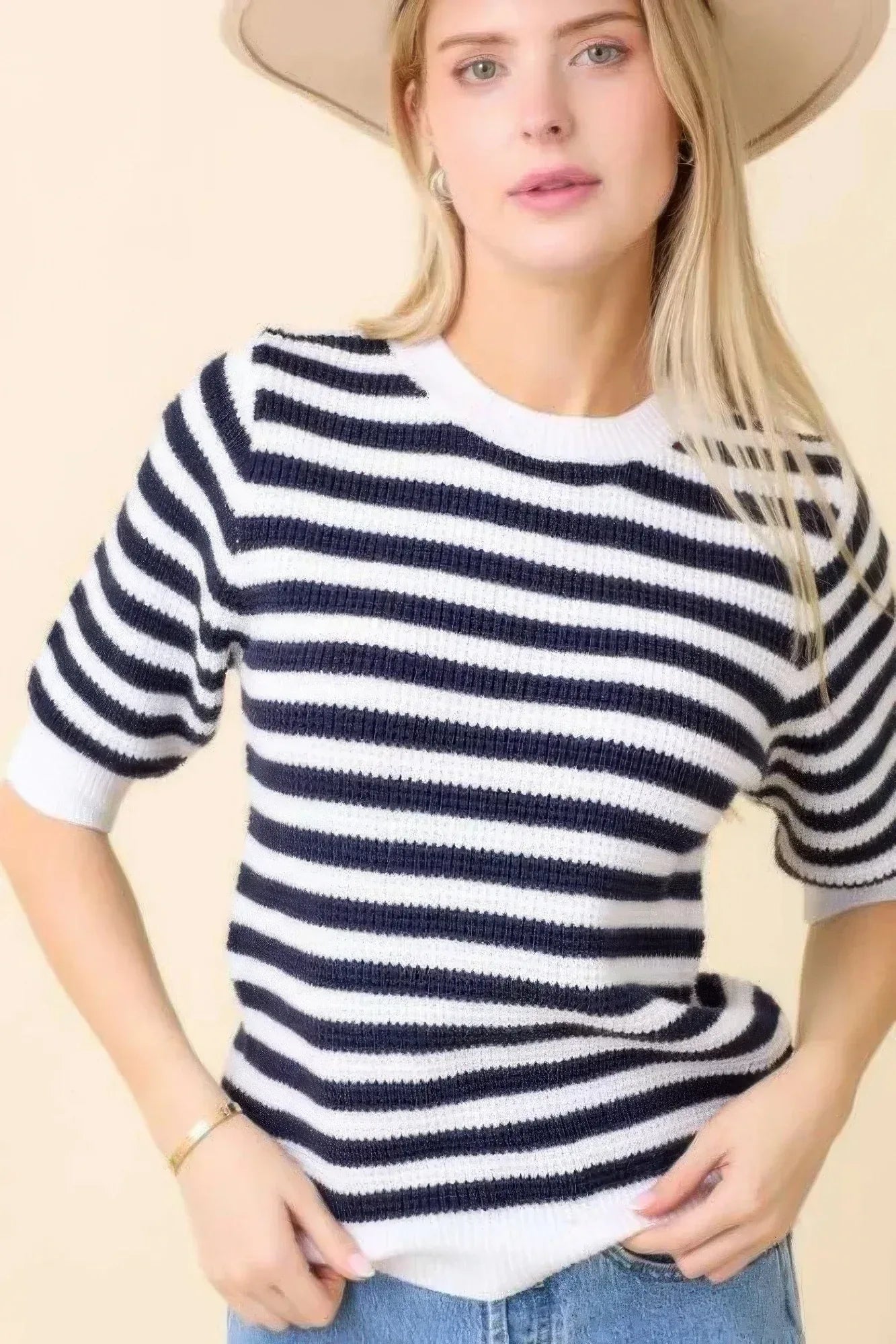 Short Sleeve Sweater Knit Stripe Top | Mixtshop LLC Main image