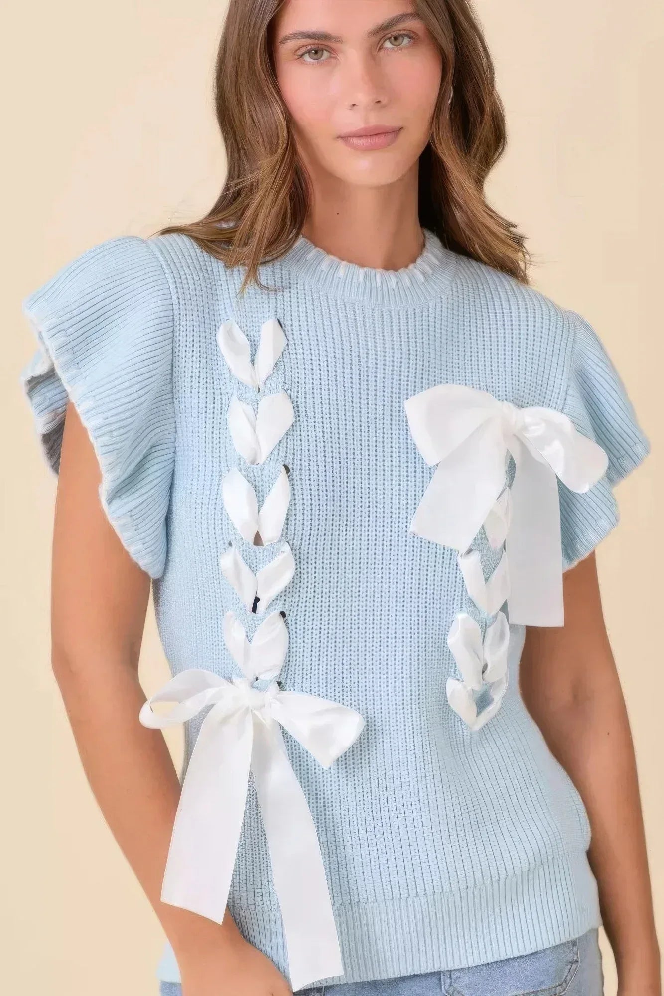 Weaved Ribbon Bow Detail Sweater Knit Top | Mixtshop LLC