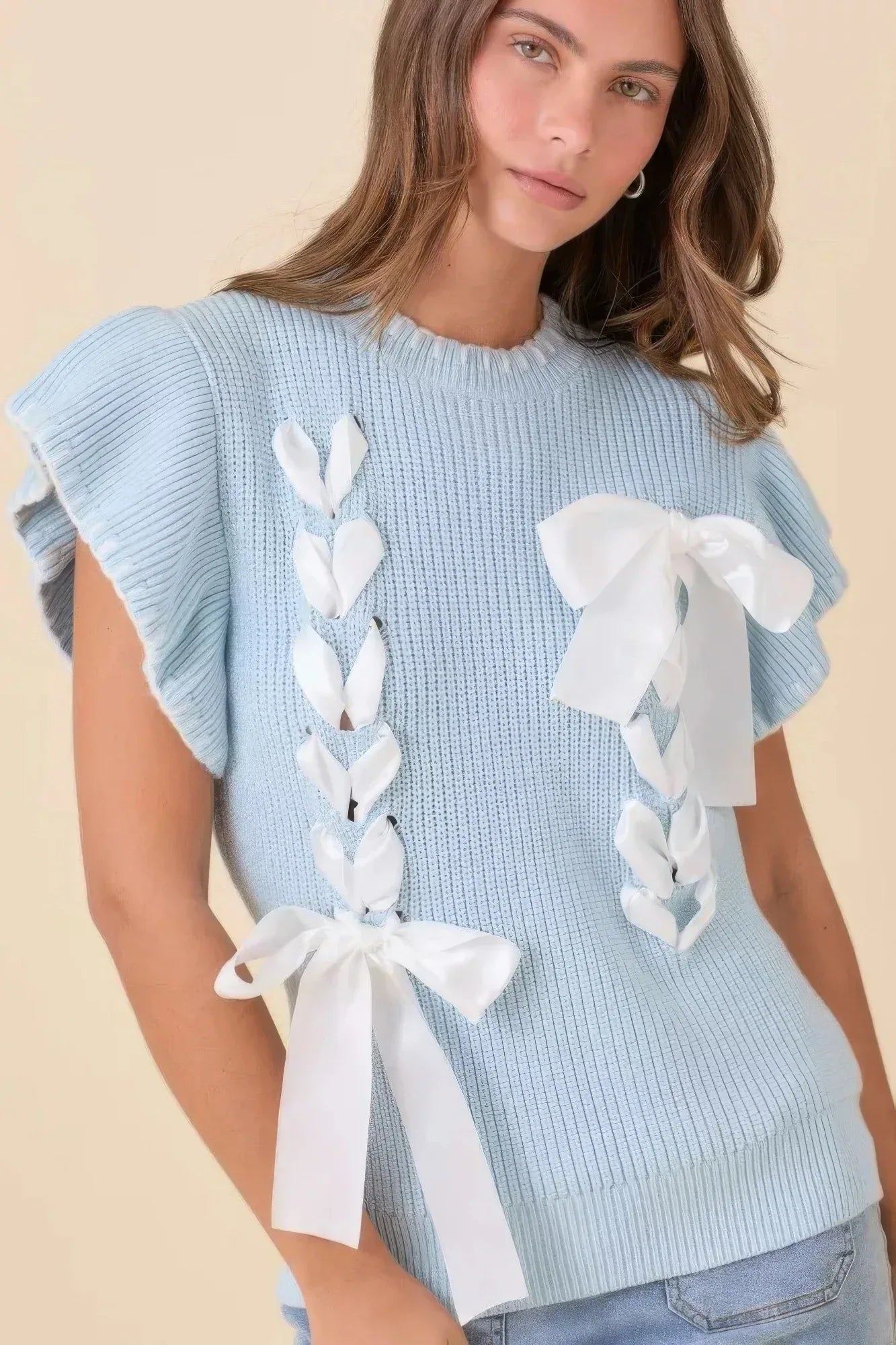 Weaved Ribbon Bow Detail Sweater Knit Top | Mixtshop LLC