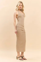 Halter Neck Ruched Asymeettrical Side Slit Dress | Mixtshop LLC