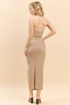 Halter Neck Ruched Asymeettrical Side Slit Dress | Mixtshop LLC