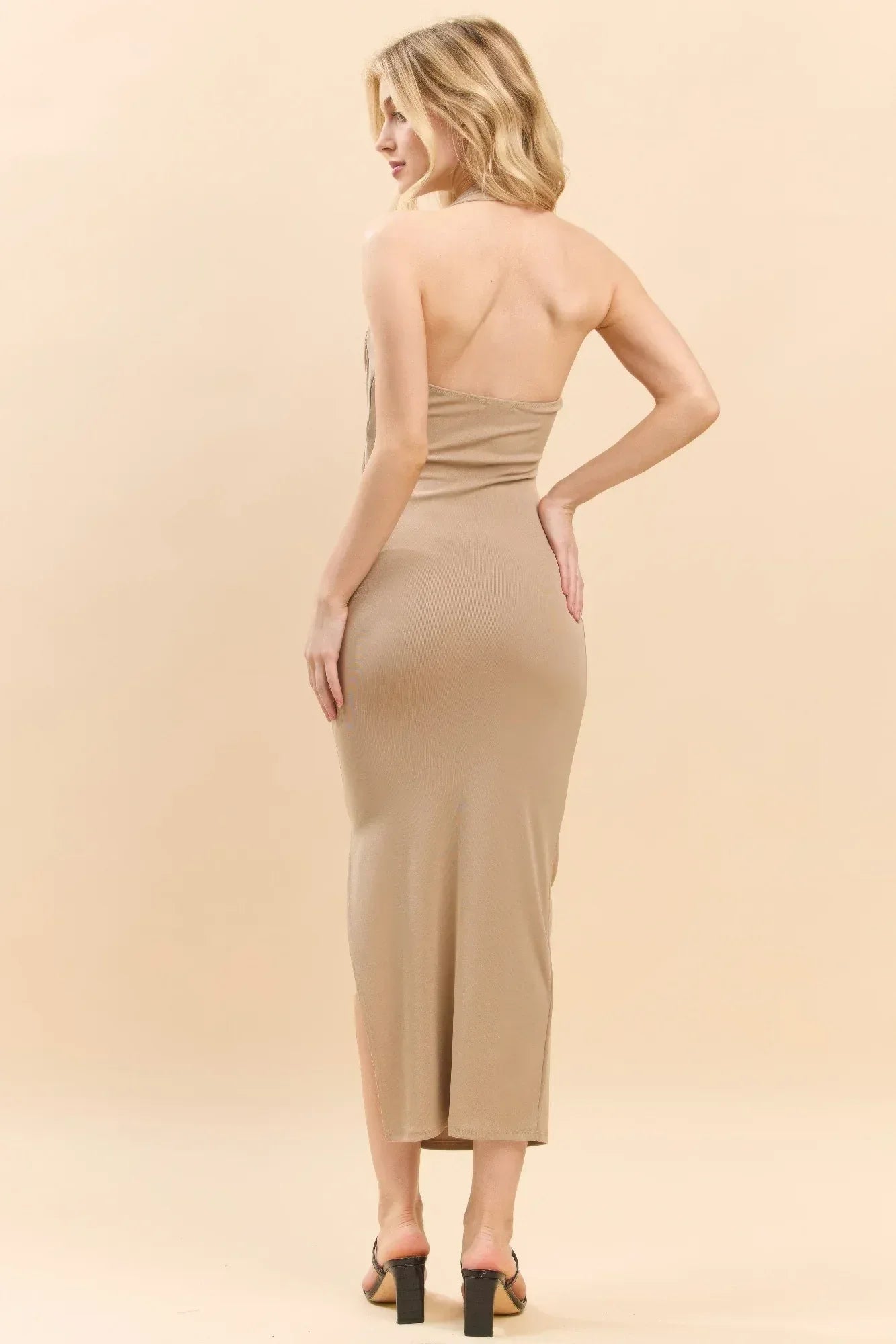 Halter Neck Ruched Asymeettrical Side Slit Dress | Mixtshop LLC