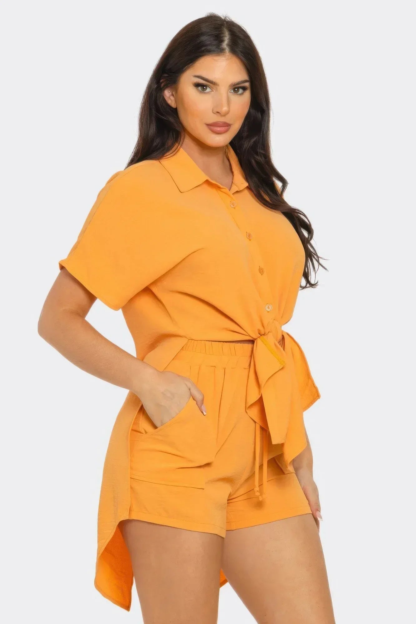 Front Tie Back Oversized Slit Top And Shorts Set | Mixtshop LLC