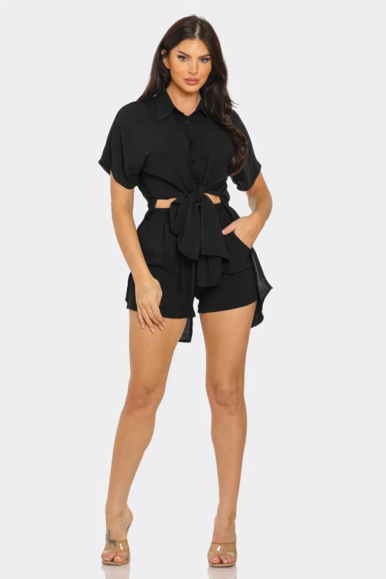 Front Tie Back Oversized Slit Top And Shorts Set Secondary image