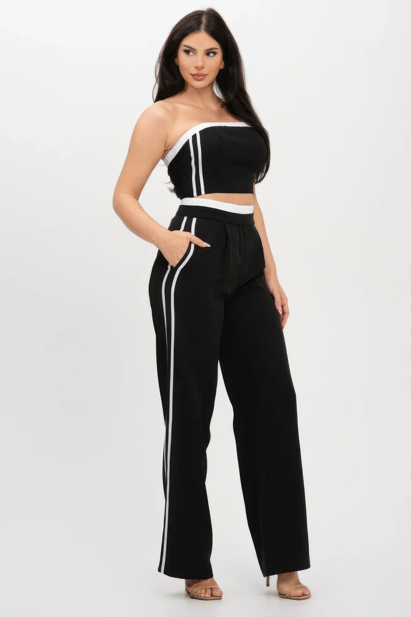Stripe Tapping Contrast Elastic Band Toppants Set | Mixtshop LLC
