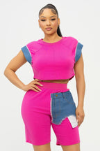 Color Block Denim Sleeve Top And Biker Shorts Set | Mixtshop LLC