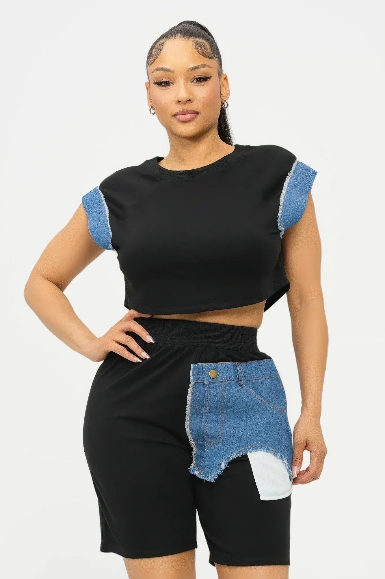 Color Block Denim Sleeve Top And Biker Shorts Set | Mixtshop LLC Main image