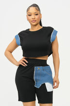 Color Block Denim Sleeve Top And Biker Shorts Set | Mixtshop LLC