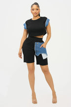 Color Block Denim Sleeve Top And Biker Shorts Set | Mixtshop LLC