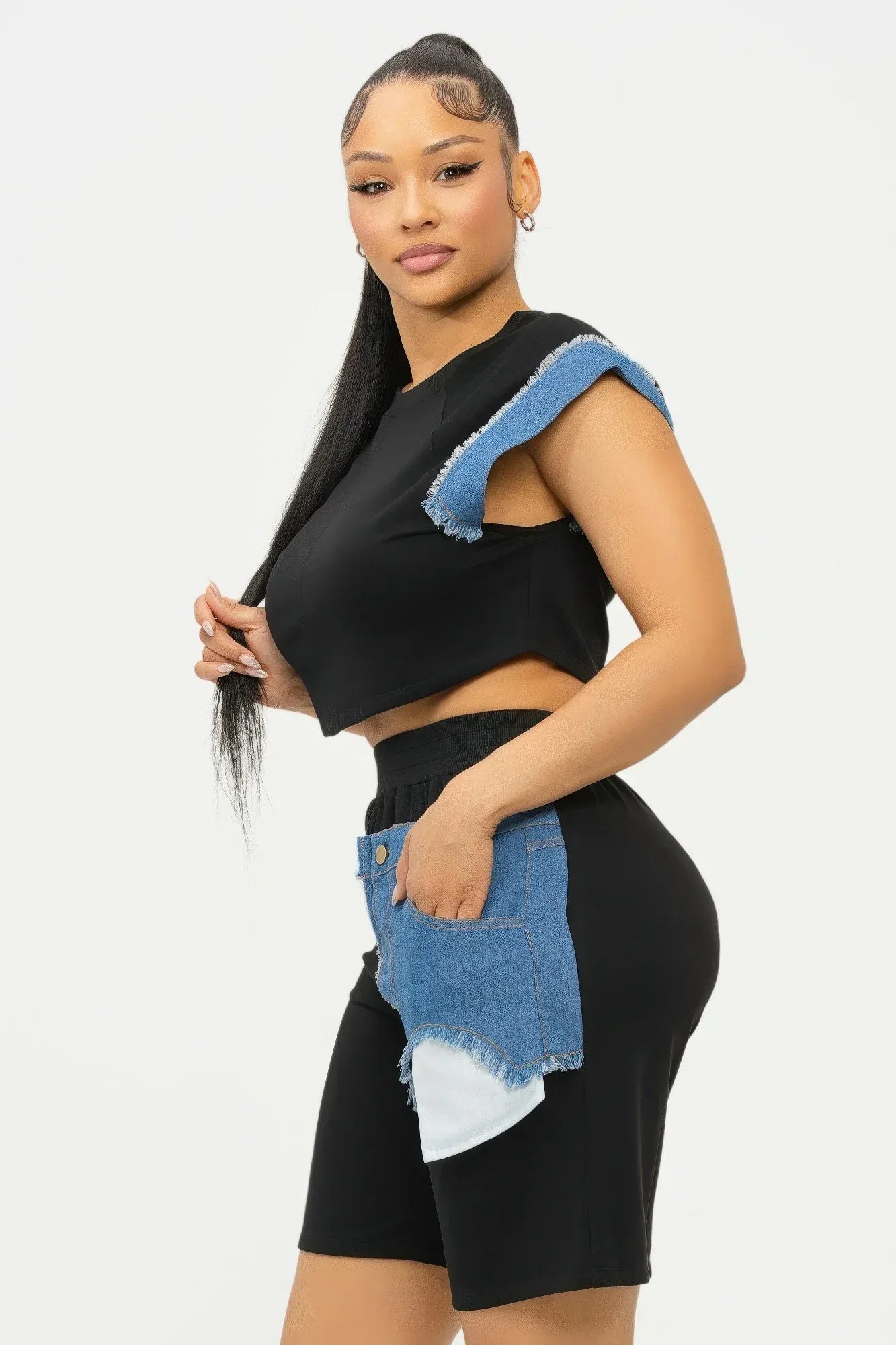 Color Block Denim Sleeve Top And Biker Shorts Set | Mixtshop LLC