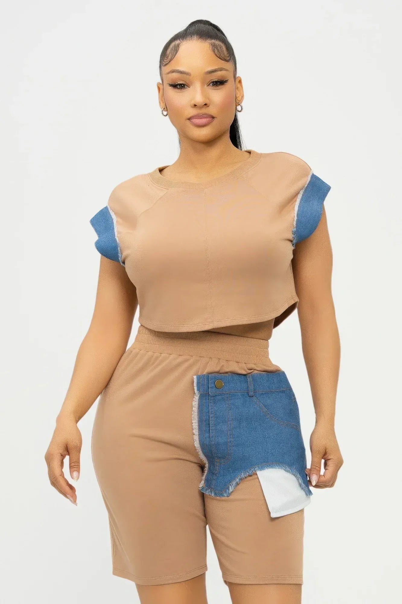 Color Block Denim Sleeve Top And Biker Shorts Set | Mixtshop LLC Main image