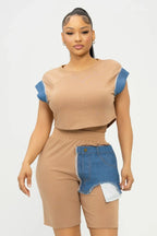 Color Block Denim Sleeve Top And Biker Shorts Set | Mixtshop LLC