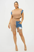 Color Block Denim Sleeve Top And Biker Shorts Set | Mixtshop LLC