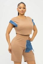 Color Block Denim Sleeve Top And Biker Shorts Set | Mixtshop LLC