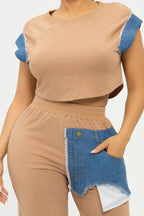 Color Block Denim Sleeve Top And Biker Shorts Set | Mixtshop LLC