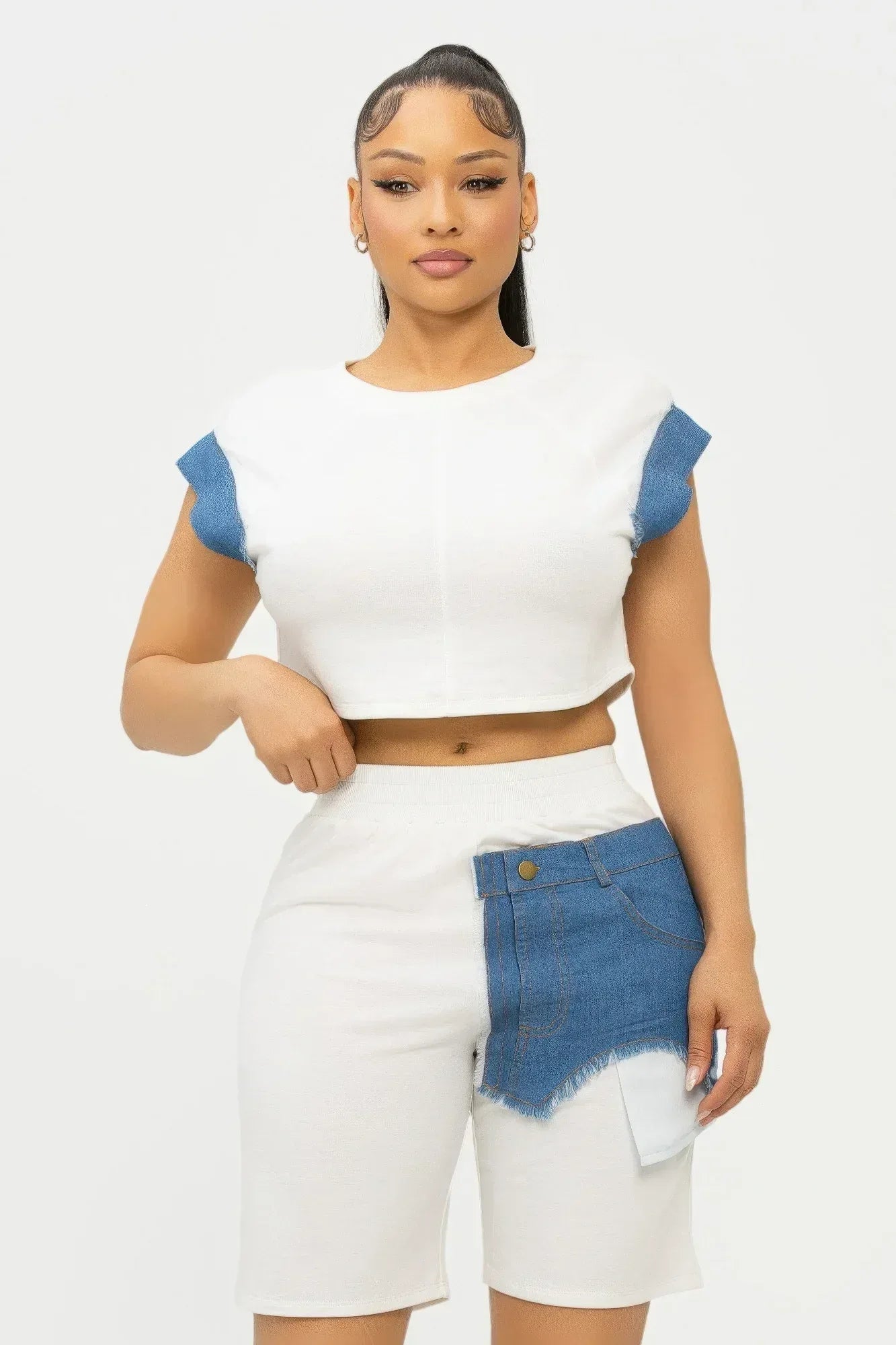 Color Block Denim Sleeve Top And Biker Shorts Set | Mixtshop LLC