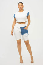 Color Block Denim Sleeve Top And Biker Shorts Set | Mixtshop LLC