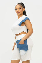 Color Block Denim Sleeve Top And Biker Shorts Set | Mixtshop LLC