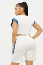 Color Block Denim Sleeve Top And Biker Shorts Set | Mixtshop LLC