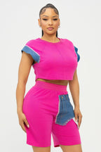 Color Block Denim Sleeve Top And Biker Shorts Set | Mixtshop LLC