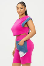 Color Block Denim Sleeve Top And Biker Shorts Set | Mixtshop LLC
