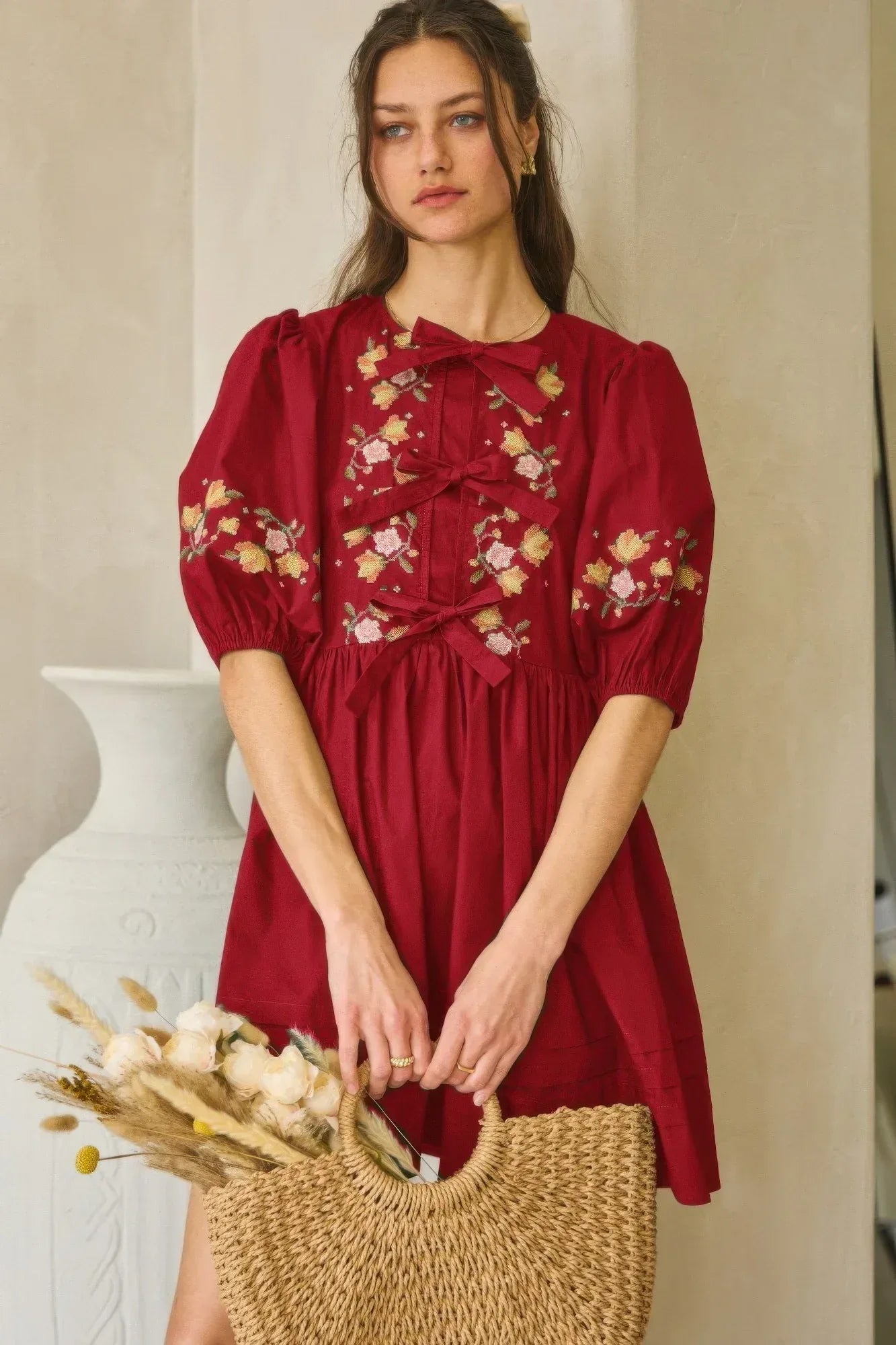 Poplin Front Ribbon Tie Baby Doll Dress | Mixtshop LLC Main image