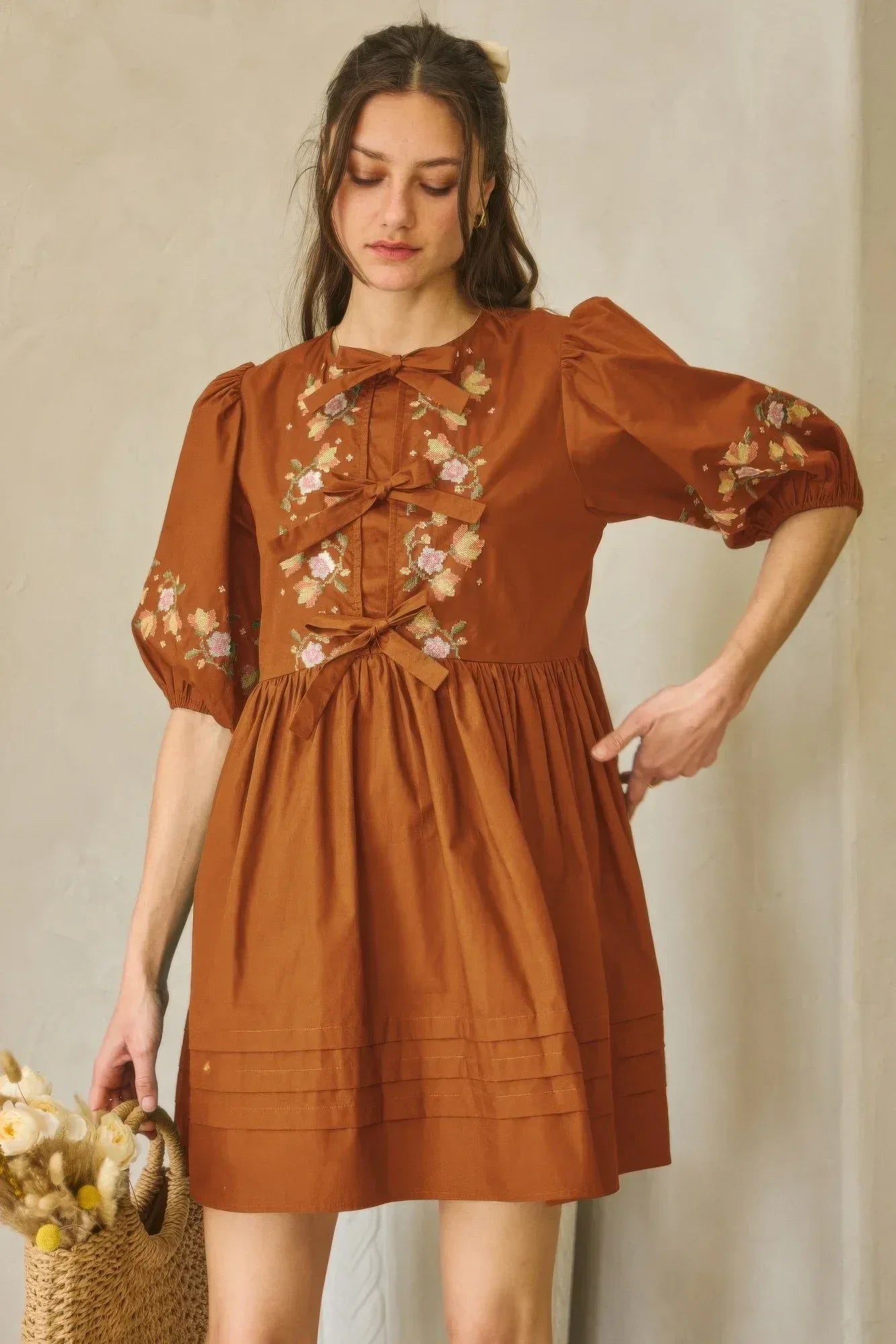 Poplin Front Ribbon Tie Baby Doll Dress | Mixtshop LLC Main image