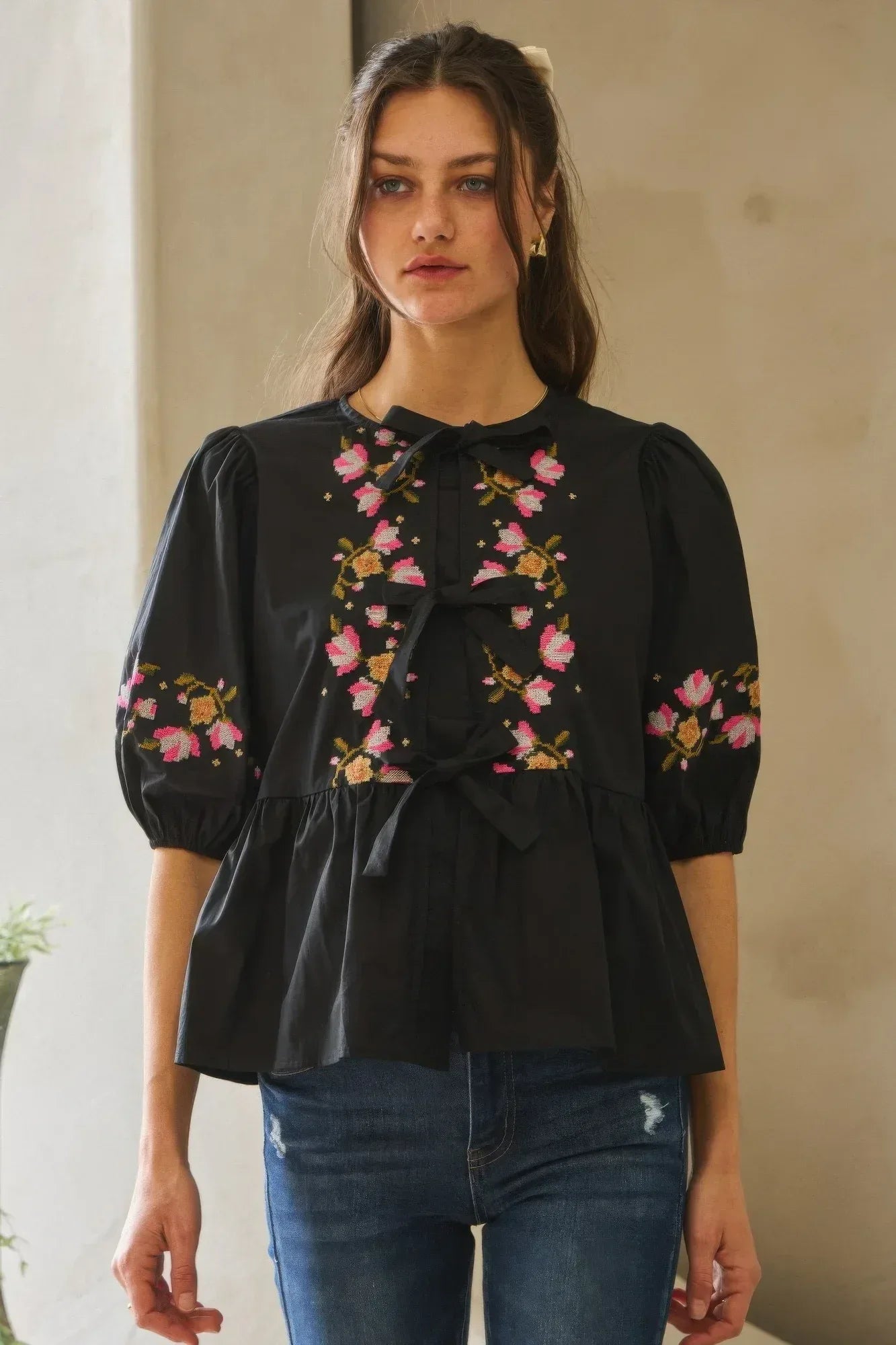 Poplin Front Ribbon Tie Blouse | Mixtshop LLC Main image