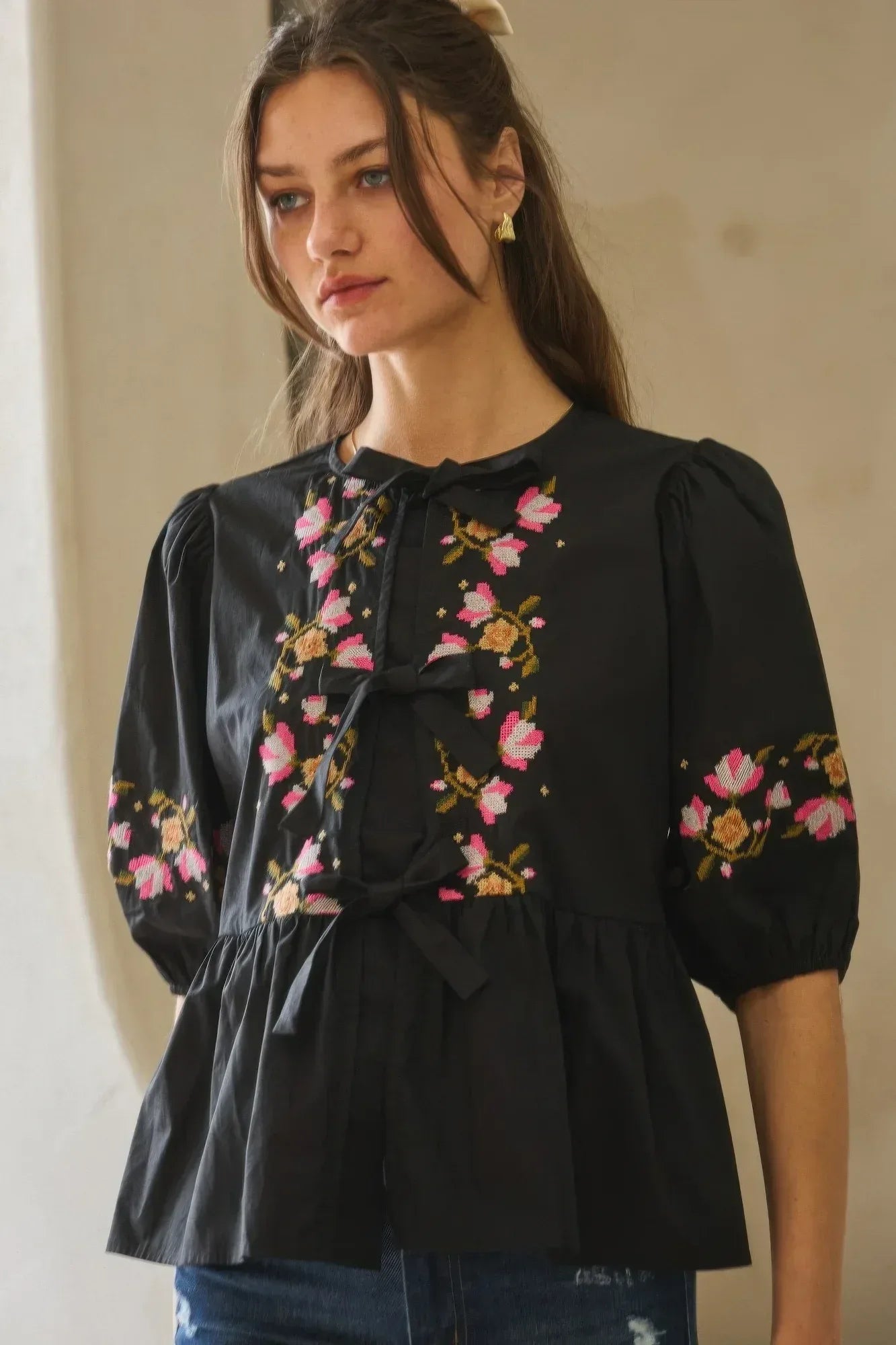 Poplin Front Ribbon Tie Blouse | Mixtshop LLC