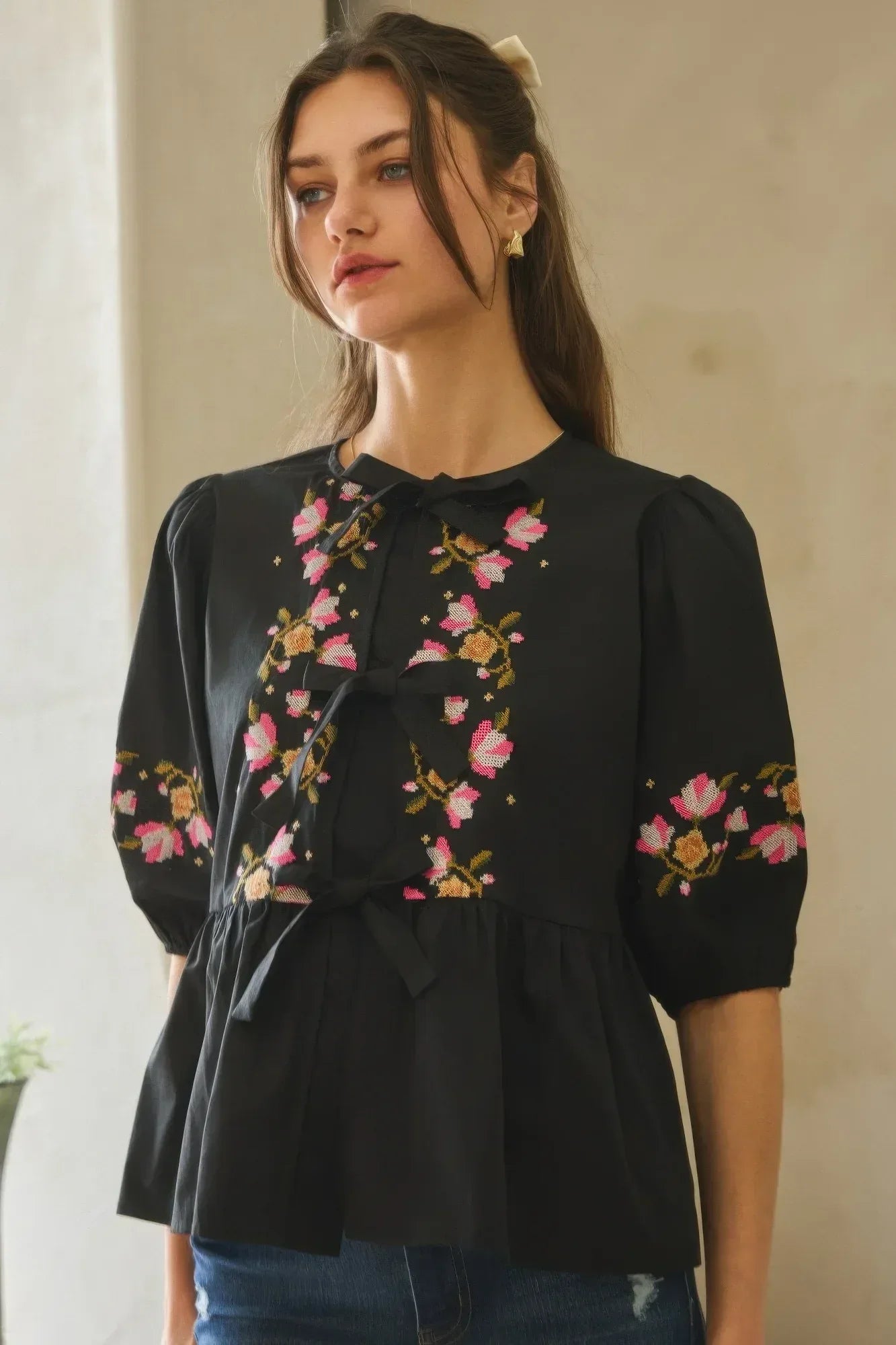 Poplin Front Ribbon Tie Blouse | Mixtshop LLC