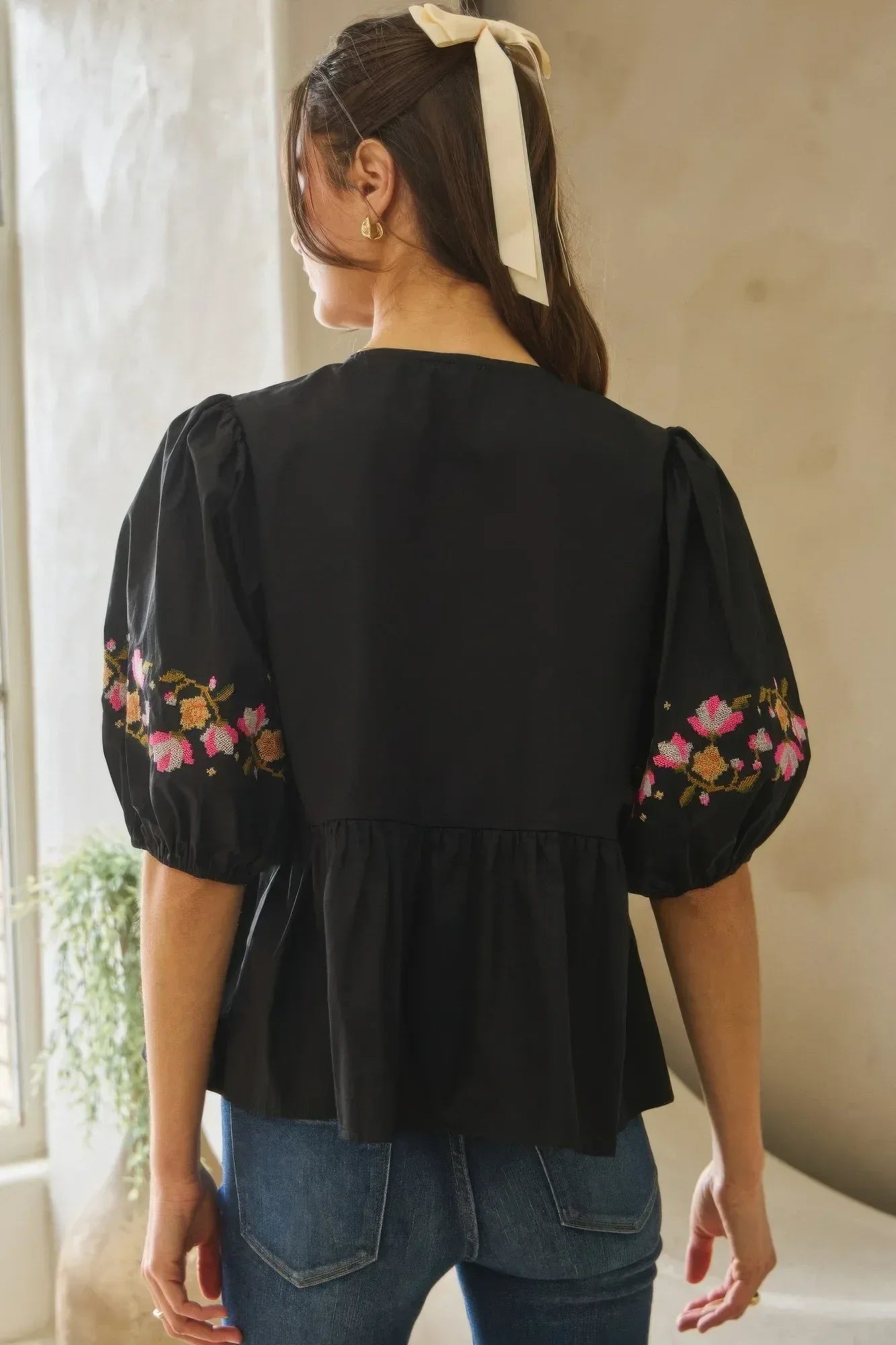Poplin Front Ribbon Tie Blouse | Mixtshop LLC